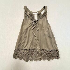 Behemian V-neck Lace Hem Sleeveless Dark Olive Green Tie Neck Green Top Fits S-M